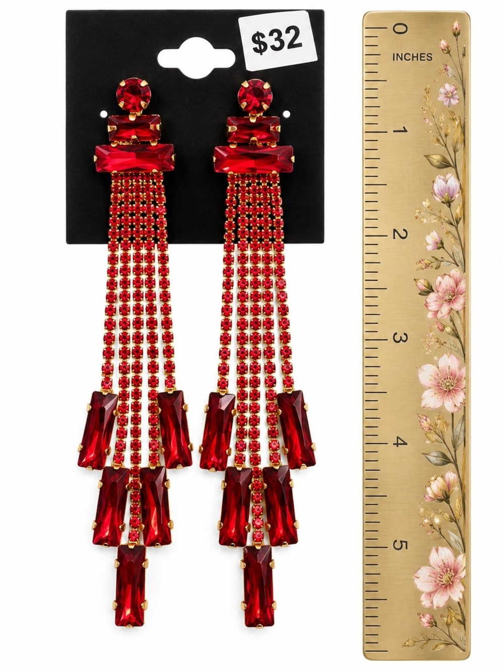 Red Crystal Tassel Drop Earrings - Brand